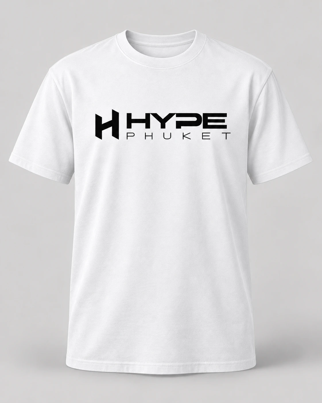 Design mockup of a white short-sleeve T-shirt with the black Hype Phuket logo centered on the chest.